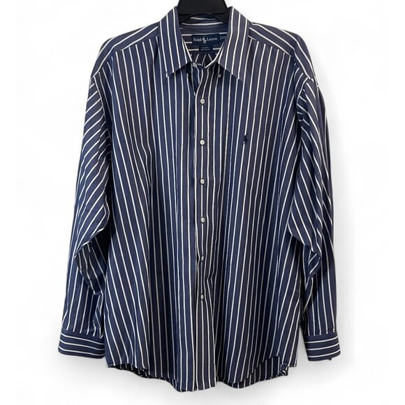 Ralph Lauren Mens XXL Blake Navy & White Striped Button-Up Shirt 100% Cotton - Picture 2 of 13